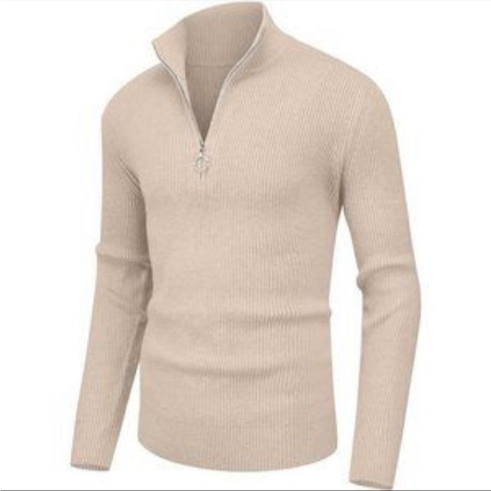 New Men's Soft Sweaters Ribbed Turtleneck Beige